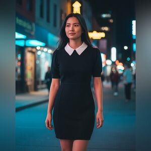 NWT Forever 21 black knit dress with white collar. Wednesday dress. Size M (J)